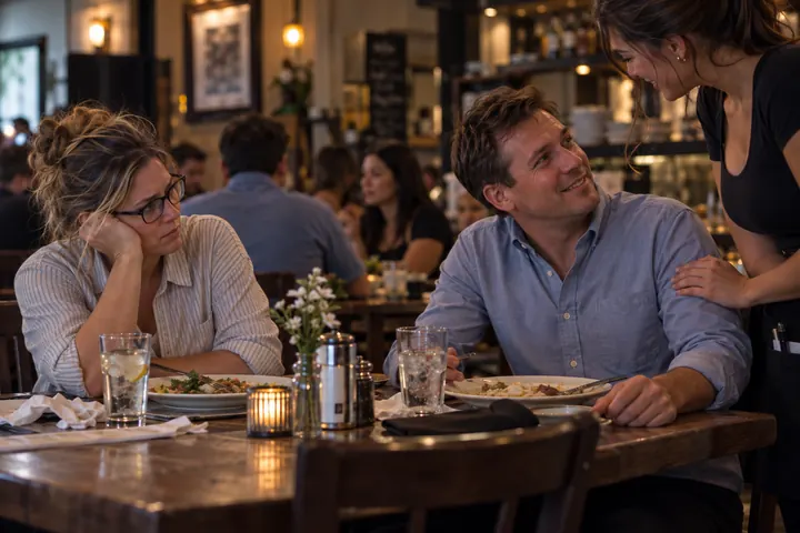 A woman at a restaurant table rests her head on her hand, looking away, while her husband smiles up at a server touching his shoulder.