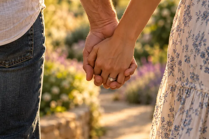 A close view of a couple holding hands on a garden path, her wedding ring catching the light.