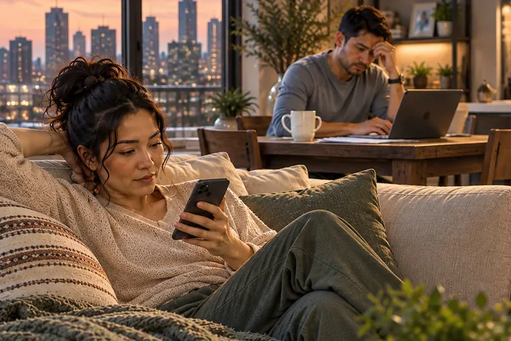 A woman curled on the sofa scrolling her phone while her partner works on a laptop at the table behind her, together in the same room but apart.