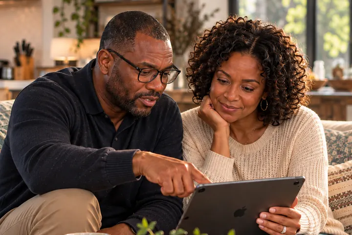 A couple sitting close on a couch looking at a tablet together, the man pointing and the woman listening thoughtfully.