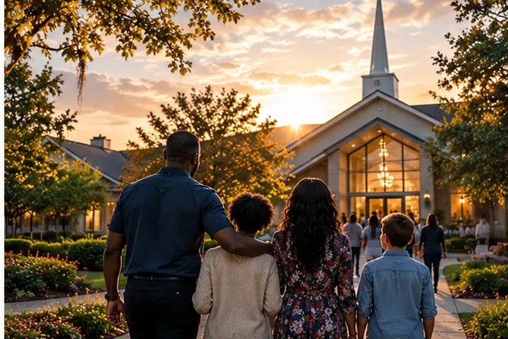 A family walking together toward a lit church at sunset, a father’s arm around his child.