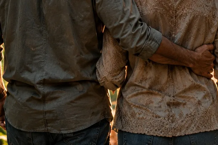 A close view of a couple walking arm in arm in warm evening light.
