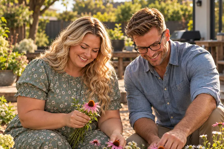 A smiling couple kneeling in a flower garden, planting coneflowers together.