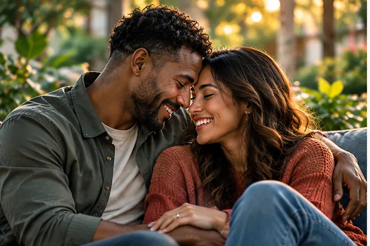 A laughing couple sitting close outdoors, foreheads touching.