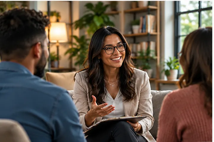A smiling therapist with a clipboard talks with a couple seated across from her in a bright, plant-filled office.