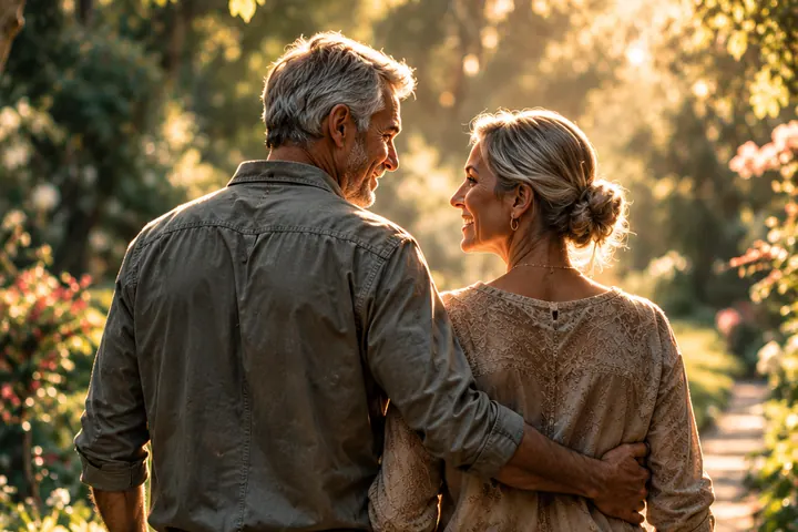 An older couple walking arm in arm down a sunlit garden path, smiling at each other.