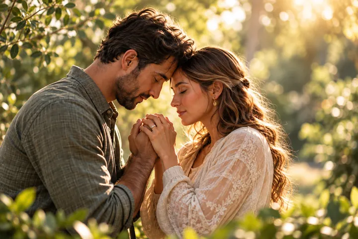 A couple in a sunlit garden with foreheads touching, eyes closed, hands clasped between them.