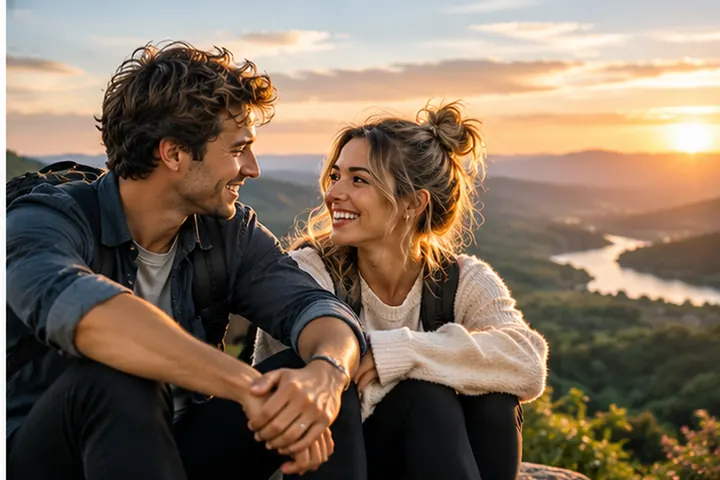 A young couple sitting on a hilltop at sunset, smiling at each other, a river valley behind them.