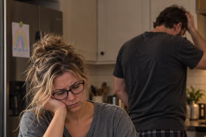 A tired woman at a cluttered kitchen counter with bills and her phone while her partner stands behind her with his hand on his head.