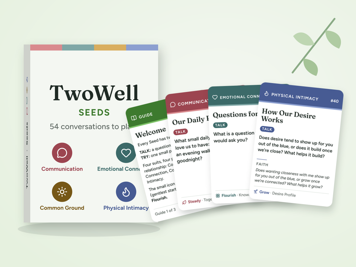 The TwoWell Seeds box with four Seed cards fanned beside it: Guide, Communication, Emotional Connection and Physical Intimacy.